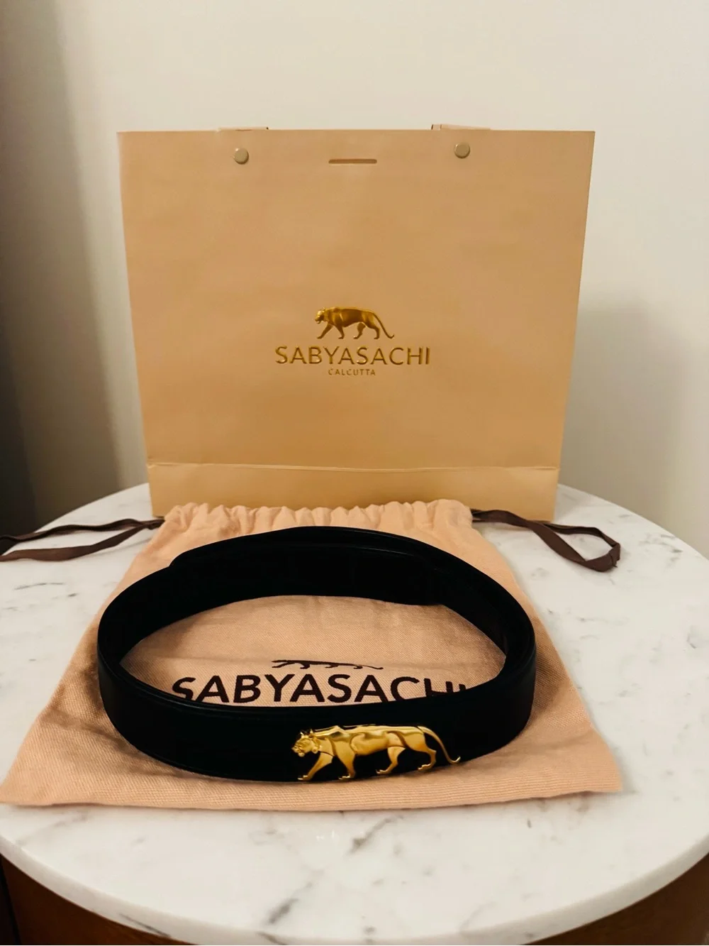 Sabyasachi Black Belt with Gold Panther Buckle -75cm